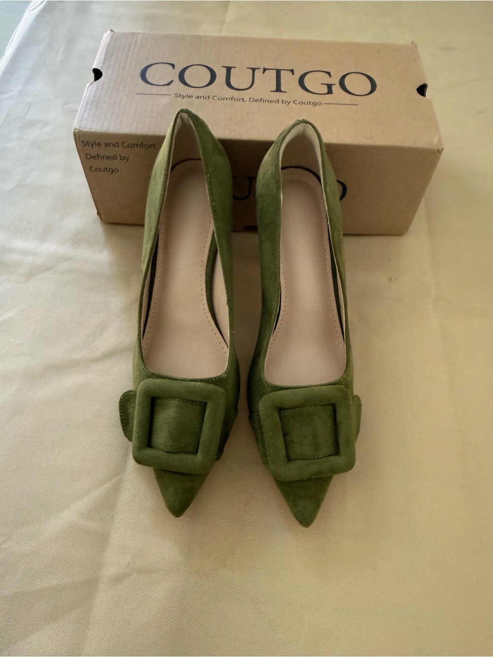 Coutgo Olive Green Pointed Toe Buckle Pumps - Women